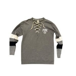 PINK Victoria's Secret Lace Up V Neck Sweatshirt XS Gray Athleisure